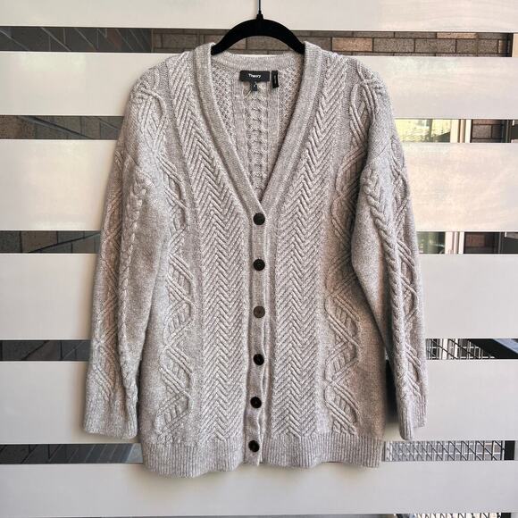 Theory Gray Wool Cashmere Cable Knit Cardigan Sweater Size S - Picture 2 of 5